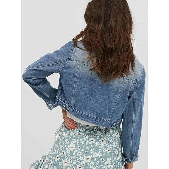 Brand New Women's Acid Blue Washed Cotton Fitted Cropped Denim Jacket Casual - Picture 6 of 7